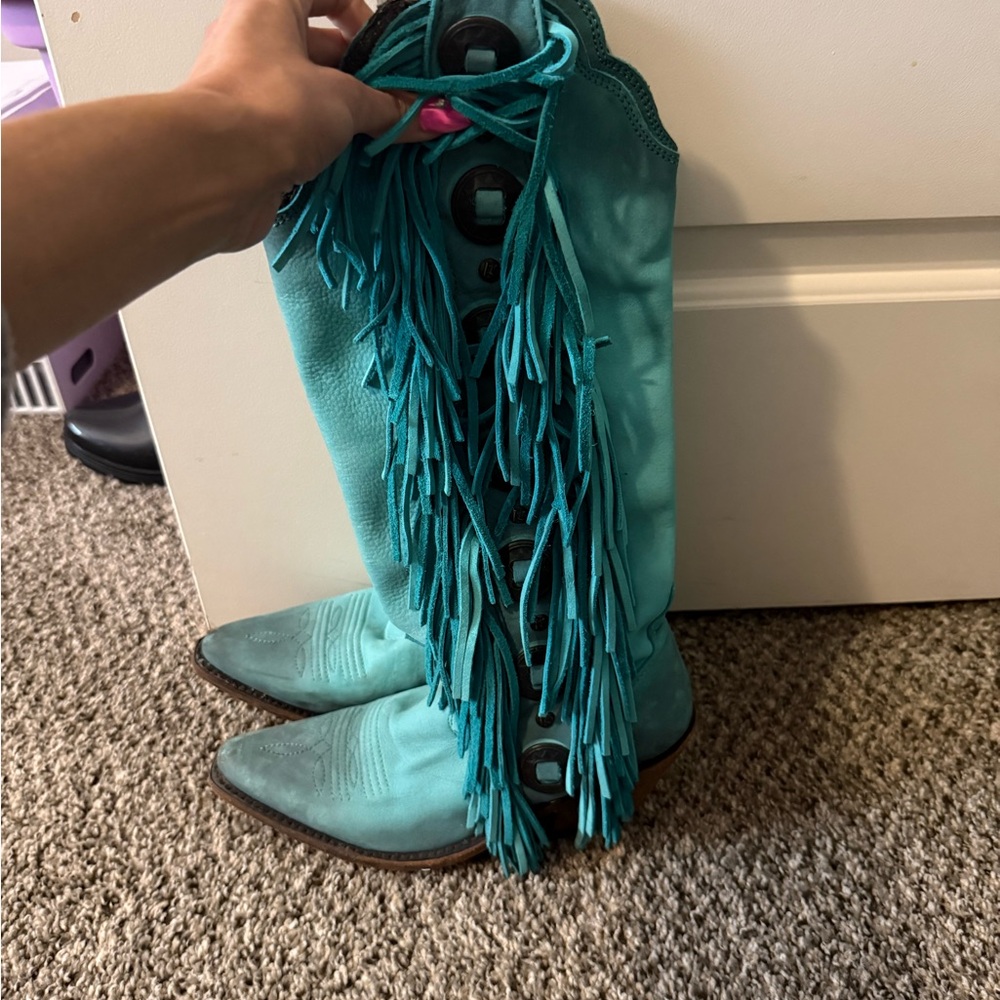 LIBERTY Black Turquoise Heeled Boots with Fringe - Picture 5 of 8